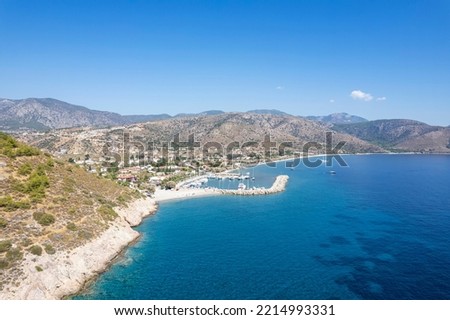 Amazing aerial photo of Datca peninsula, indented coastline between of mediterranean and aegean seas with beautiful turquoise water, altitude about 1 km, Turkey, Palamutbuku