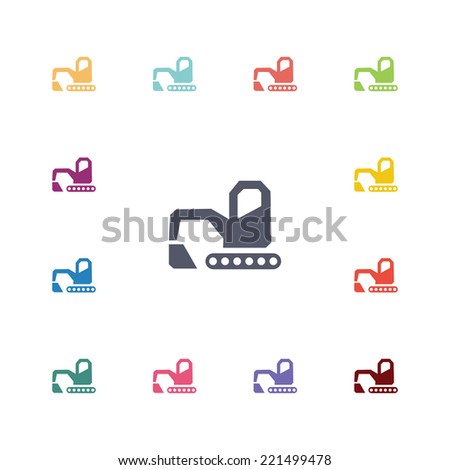 excavator flat icons set. Open round colorful buttons. Vector 