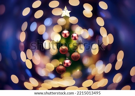 3D illustration Christmas Tree With Baubles And Blurred Shiny Lights
