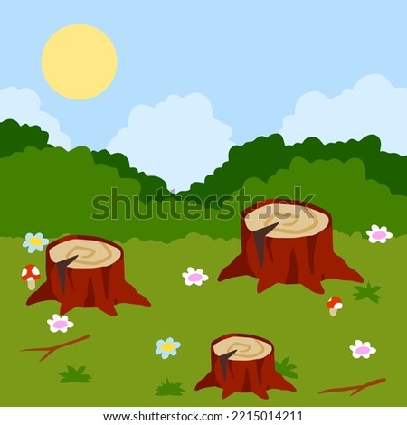 Stump in forest meadow. Green field with grass. Background for child drawing. Summer nature. Funny scene or area