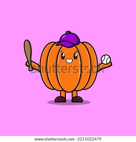 Cute cartoon Pumpkin character playing baseball in modern style design