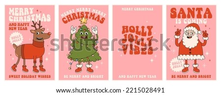 Merry Christmas and Happy New year. Santa Claus, Christmas tree, reindeer, holly jolly vibes in trendy retro cartoon style. Greeting cards, posters, prints, party invitations. Red and pink colors. Royalty-Free Stock Photo #2215028491