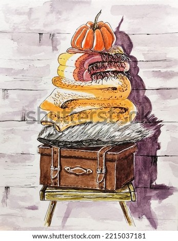 Hand-drawn drawing, watercolor, suitcase, blankets and pumpkin on a chair.