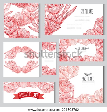 Elegant cards with floral tulip bouquets, design elements. Can be used for wedding, baby shower, mothers day, valentines day, birthday cards, invitations. Vintage decorative flowers.