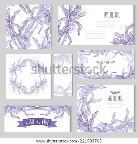 Elegant cards with floral iris bouquets, design elements. Can be used for wedding, baby shower, mothers day, valentines day, birthday cards, invitations. Vintage decorative flowers.