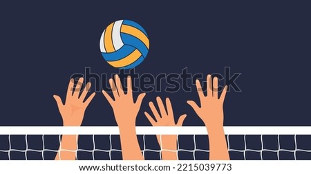Volleyball game. People hit their hands on the volleyball ball. Vector illustration flat design. isolated on white background. Sports holidays, lifestyle. eps 10