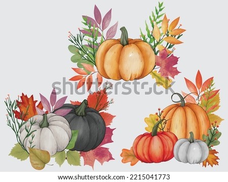 Watercolor pumpkin composition, leaves pumpkin,  Painted color clip art, autumn design elements. Fall season. Perfect graphic for Thanksgiving day, Halloween, greeting cards, posters, birthday