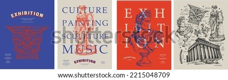 Exhibition, classics and antiquity. Vector illustrations of abstract shapes, ancient greek column, ancient ruins, goddess sculpture and bust for background, flyer or poster Royalty-Free Stock Photo #2215048709