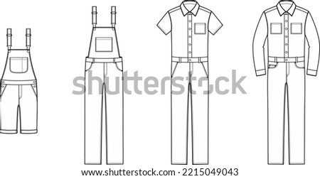 Jean overall set flat sketch. Denim jumpsuit apparel design. Front view. Men CAD mockup. Fashion technical drawing template. Vector illustration. Royalty-Free Stock Photo #2215049043