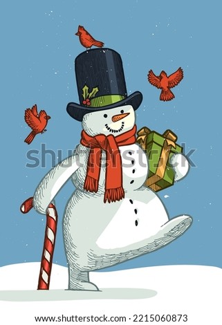 Snowman in a top hat with a candy cane carrying a present with red cardinal birds flying around. Vintage Christmas character isolated illustration.