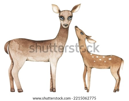 Watercolor cute illustration with mom and child. Vintage deers family
