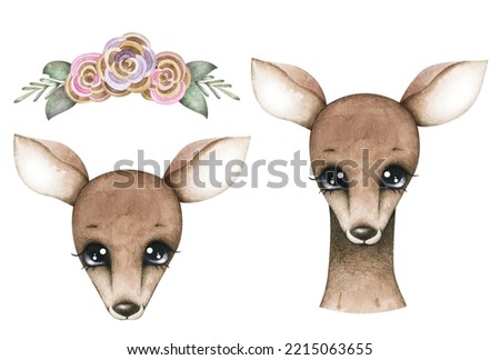 Watercolor animal face with floral arrangment. Cute deer with funny eyes