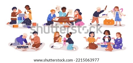 Children playing toys set. Happy kindergarten kids during indoor room games. Leisure childhood activities of little preschool boys and girls. Flat vector illustrations isolated on white background