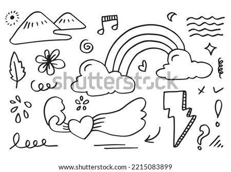 Hand drawn doodle design elements, black on white background. wind, swoops, emphasis, Arrow, line, hill. doodle sketch design elements.