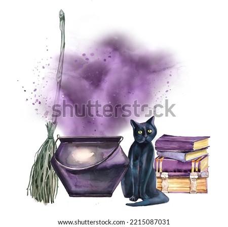 Witch cauldron,black cat and broom design. Watercolor magician potion illustration. Wizardry school element. Wizard concept graphic. Halloween themed design.
