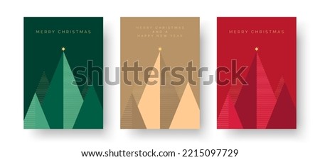 Christmas Card Designs with Geometric Christmas Tree Scene Illustration. Set of Modern Christmas Card Templates Vector with Merry Christmas and Happy New Year Text.