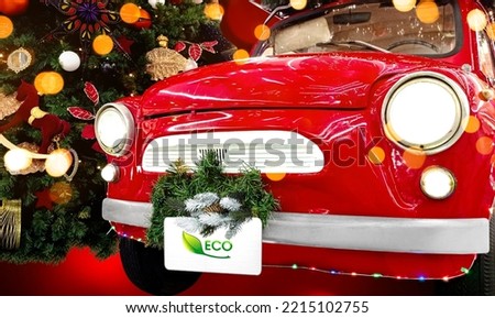 New Year's red car with the flag of Green ecological healthy food logo against the backdrop of a colorful Christmas background