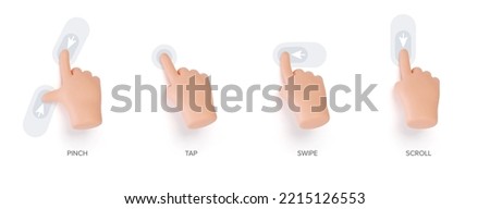 Hand touchscreen gestures. Vector 3d hands actions icons on touch screens like swipe, scroll, pinch, tap, zoom and slide touch. Vector 3d set
 Royalty-Free Stock Photo #2215126553