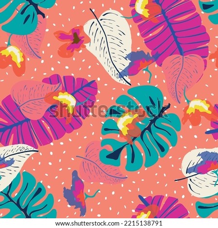 Pink Leaves Decoration Vector Seamless Pattern. White Miami Flowers Print. Colours Palm Spring Typography. Blue Drawing Tree Illustration.