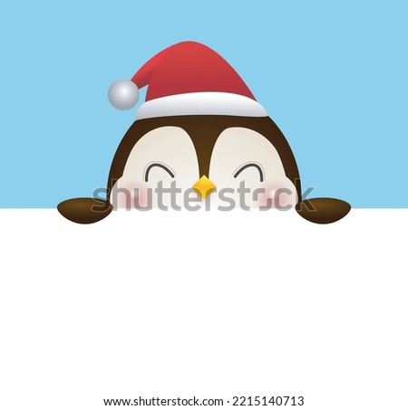 Merry Christmas and Happy new year poster, cheerful of penguin wearing christmas hats holding big sign board in Christmas snow scene winter banner, Xmas holiday party concept isolated background