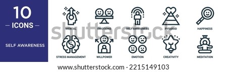self awareness outline icon set includes thin line mental, emotions, self awareness, pyramid, happiness, stress management, willpower icons for report, presentation, diagram, web design Royalty-Free Stock Photo #2215149103