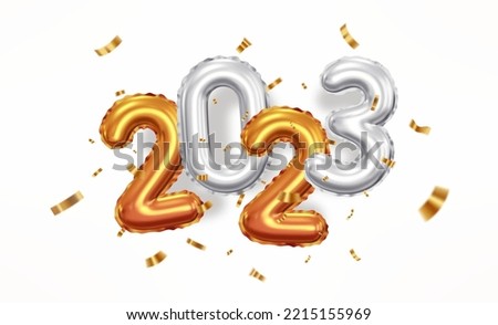 2023 3d Gold and Silver Foil Balloon Numbers. Realistic Vector Balloons with Confetti. Luxury New Year Banner. Vector Illustration