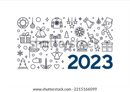 Xmas 2023 concept banner in thin line style. Happy New Year vector minimal horizontal illustration