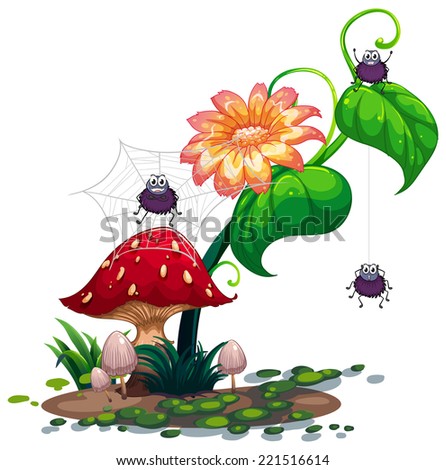 Illustration of a plant with spiders on a white background