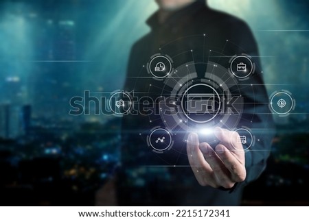 Businessman showing virtual payment card and business interaction structure.
