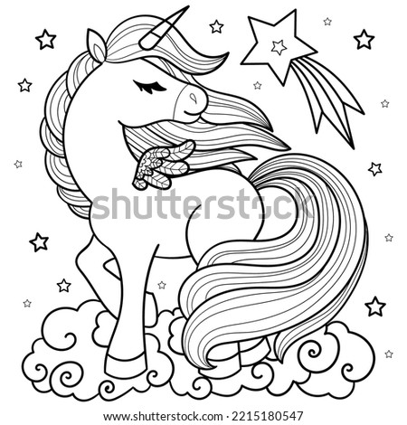A beautiful unicorn with a long tail. Black and white linear drawing. For the design of coloring books, postcards, prints, posters, stickers, tattoos and so on. Vector