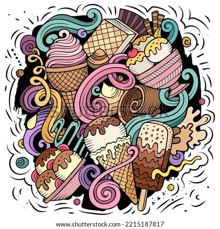 Ice Cream cartoon vector illustration. Colorful detailed composition with lot of Sweet Food objects and symbols. All items are separate
