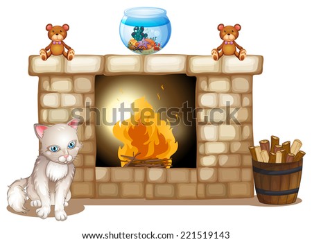 Illustration of a sad cat near the fireplace on a white background