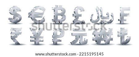 Silver currency sign set. Vector symbol euro and dollar, bitcoin, rial, frank, pound, yen, yuan, rupee, lira, won and rouble isolated on white background