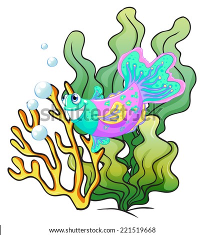 Illustration of a colourful smiling fish under the sea on a white background
