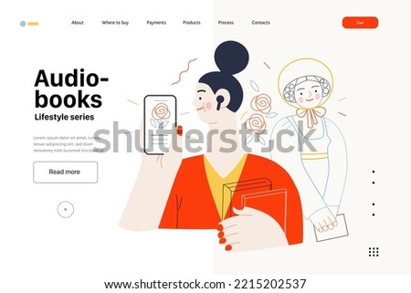 Lifestyle web template -Audiobooks -modern flat vector illustration of a woman listening an audiobook with buds in the tablet application, Victorian Era literary character. People activities concept