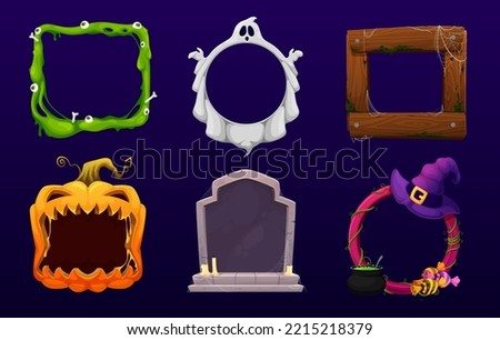 Halloween frames. Cemetery grave stone, green slime with eyes and bones, ghost, scary Jack o lantern pumpkin, wooden planks in dust and spider web, witch hat, cauldron vector Halloween cartoon frames