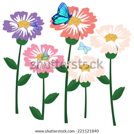 Illustration of the flowers with butterflies on a white background