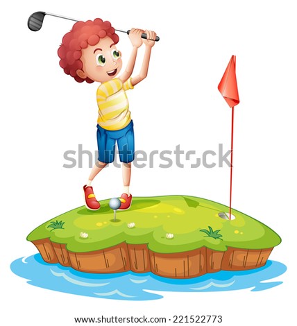 Illustration of a young man playing golf on a white background