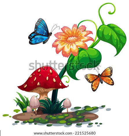 Illustration of a flowering plant with butterflies on a white background