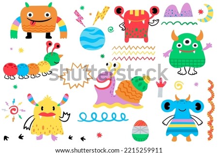 Doodle monster hand drawn vector illustration with its elements