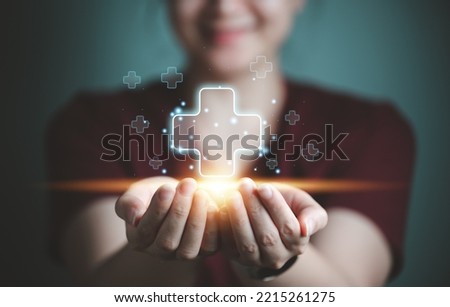 woman holding virtual blue plus sign for positive thinking mindset or healthcare insurance symbol concept, Mental health care, mental rejuvenation.