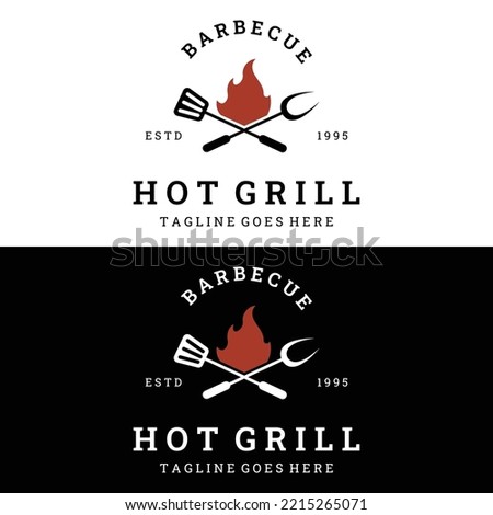 Grilled barbecue typography logo with crossed fire and spatula. Logo for restaurants, cafes and bars.