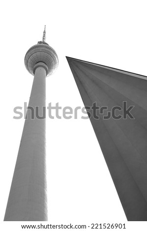 Abstract architectural detail of the Television Tower in Berlin juxtaposed to modern building