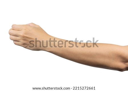Man hand show holding something like a bottle isolated on white background. Clipping path included Royalty-Free Stock Photo #2215272661