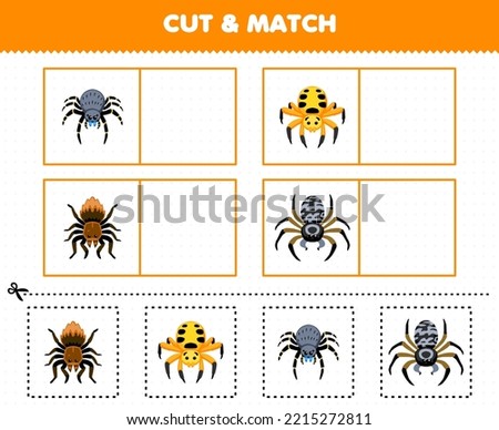 Education game for children cut and match the same picture of cute cartoon spider printable bug worksheet