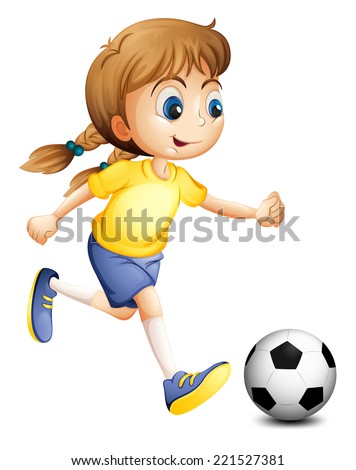 Illustration of a young woman playing football on a white background