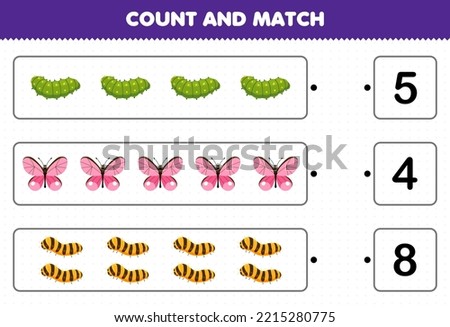 Education game for children count the number of cute cartoon caterpillar butterfly silkworm and match with the right numbers printable bug worksheet