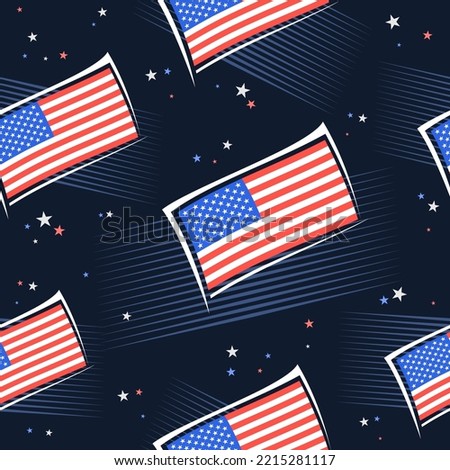 Vector American Flags seamless pattern, square repeating background with illustrations of waving american flags, flat lay stars on dark background, red and blue wrapping paper for american holidays
