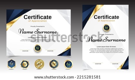 Certificate of appreciation template, gold and blue color. Clean modern certificate with gold badge. Certificate border template with luxury and modern line pattern. Diploma vector template. EPS 10 Royalty-Free Stock Photo #2215281581