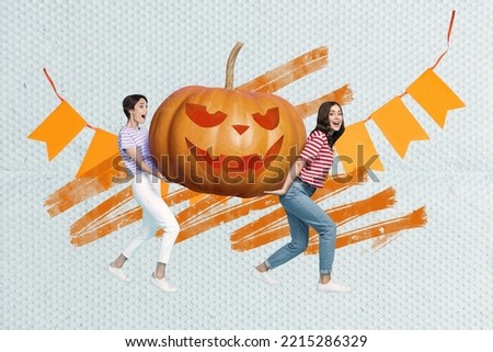 Composite collage picture of two excited funky girls hold carry huge carved pumpkin isolated on painted background